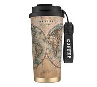 JEJEA Old Stained World Map Print Stainless Steel Insulated Mugs, Double Wall Coffee Cups, Coffee Travel Mug for Home Office