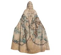 JEJEA Old Stained World Map Print Witch Wizard Hooded Cloak, Adult Halloween Party Cape, For Witch Vampire Cosplay Costume