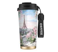 JEJEA Paris Eiffel Tower with Flowers Print Stainless Steel Insulated Mugs, Double Wall Coffee Cups, Coffee Travel Mug for Home Office