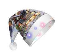 JEJEA Paris Street Scene Eiffel Tower Print Santa Hat Adult Led, Christmas Hat With Lights For Women And Men New Year Party Supplies