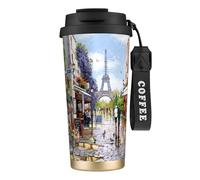 JEJEA Paris Street Scene Eiffel Tower Print Stainless Steel Insulated Mugs, Double Wall Coffee Cups, Coffee Travel Mug for Home Office