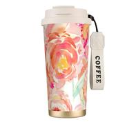 JEJEA Peach Peony Print Stainless Steel Insulated Mugs, Double Wall Coffee Cups, Coffee Travel Mug for Home Office