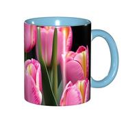 JEJEA Pink and Tulips Print Print 11 Oz Pottery Mug, Ceramic Coffee Cups Elegant Tea Mugs with Gift Box for Women with 6 Colors