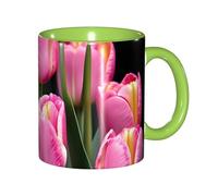 JEJEA Pink and Tulips Print Print 11 Oz Pottery Mug, Ceramic Coffee Cups Elegant Tea Mugs with Gift Box for Women with 6 Colors