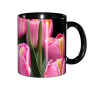 JEJEA Pink and Tulips Print Print 11 Oz Pottery Mug, Ceramic Coffee Cups Elegant Tea Mugs with Gift Box for Women with 6 Colors