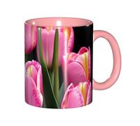 JEJEA Pink and Tulips Print Print 11 Oz Pottery Mug, Ceramic Coffee Cups Elegant Tea Mugs with Gift Box for Women with 6 Colors