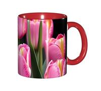 JEJEA Pink and Tulips Print Print 11 Oz Pottery Mug, Ceramic Coffee Cups Elegant Tea Mugs with Gift Box for Women with 6 Colors