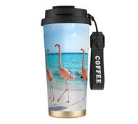 JEJEA Pink Flamingo On Beach Print Stainless Steel Insulated Mugs, Double Wall Coffee Cups, Coffee Travel Mug for Home Office