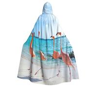 JEJEA Pink Flamingo On Beach Print Witch Wizard Hooded Cloak, Adult Halloween Party Cape, For Witch Vampire Cosplay Costume