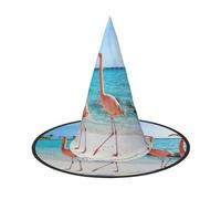 JEJEA Pink Flamingo On Beach Print Women'S Large Witch Hat Witch Hat Witches Hats Halloween Cosplay Party Accessory