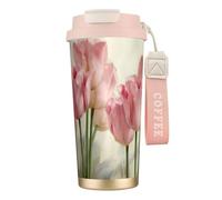 JEJEA Pink Tulips Print Stainless Steel Insulated Mugs, Double Wall Coffee Cups, Coffee Travel Mug for Home Office