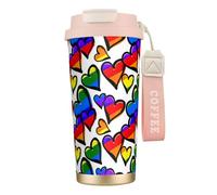 JEJEA Rainbow Colored Gay Pride Hearts Print Stainless Steel Insulated Mugs, Double Wall Coffee Cups, Coffee Travel Mug for Home Office