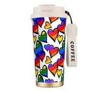 JEJEA Rainbow Colored Gay Pride Hearts Print Stainless Steel Insulated Mugs, Double Wall Coffee Cups, Coffee Travel Mug for Home Office