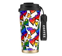 JEJEA Rainbow Colored Gay Pride Hearts Print Stainless Steel Insulated Mugs, Double Wall Coffee Cups, Coffee Travel Mug for Home Office