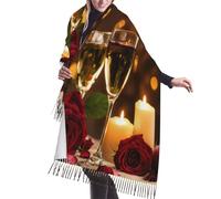 JEJEA Red Rose And Wine Romantic Lovers Print Print Faux Cashmere Fringe Shawl - Warm Winter Scarf For Women, Soft Cozy Wrap For Cold Weather