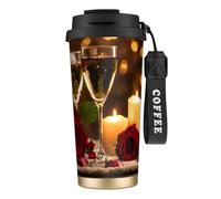 JEJEA Red Rose and Wine Romantic Lovers Print Stainless Steel Insulated Mugs, Double Wall Coffee Cups, Coffee Travel Mug for Home Office