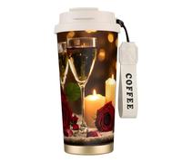 JEJEA Red Rose and Wine Romantic Lovers Print Stainless Steel Insulated Mugs, Double Wall Coffee Cups, Coffee Travel Mug for Home Office