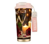 JEJEA Red Rose and Wine Romantic Lovers Print Stainless Steel Insulated Mugs, Double Wall Coffee Cups, Coffee Travel Mug for Home Office