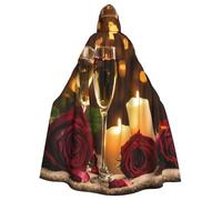 JEJEA Red Rose And Wine Romantic Lovers Print Witch Wizard Hooded Cloak, Adult Halloween Party Cape, For Witch Vampire Cosplay Costume