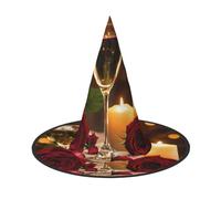 JEJEA Red Rose And Wine Romantic Lovers Print Women'S Large Witch Hat Witch Hat Witches Hats Halloween Cosplay Party Accessory