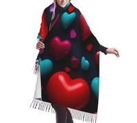 JEJEA Romantic Red Heart Print Print Faux Cashmere Fringe Shawl - Warm Winter Scarf For Women, Soft Cozy Wrap For Cold Weather