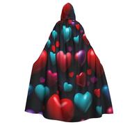 JEJEA Romantic Red Heart Print Witch Wizard Hooded Cloak, Adult Halloween Party Cape, For Witch Vampire Cosplay Costume