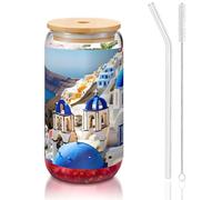JEJEA Santorini Greek Island Sea View Glass Cups with Bamboo Lids and Straws,Coffee Cup,Can Shaped Cups,Glasses,Cocktail, Transparent
