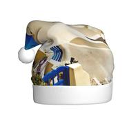 JEJEA Santorini Greek Island Sea View Print Gorros De Navidad Para Adultos, Santa Hats For Funny, Novelty Christmas Hats, For Xmas Party