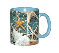 JEJEA Starfish Seashell Beach Print 11 Oz Pottery Mug, Ceramic Coffee Cups Elegant Tea Mugs with Gift Box for Women with 6 Colors