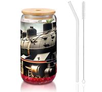 JEJEA Steam Locomotive Train Glass Cups with Bamboo Lids and Straws,Coffee Cup,Can Shaped Cups,Glasses,Cocktail, Transparent