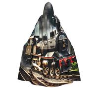 JEJEA Steam Locomotive Train Print Witch Wizard Hooded Cloak, Adult Halloween Party Cape, For Witch Vampire Cosplay Costume