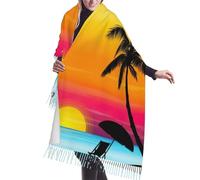 JEJEA Sunset Palm Tree Print Print Faux Cashmere Fringe Shawl - Warm Winter Scarf For Women, Soft Cozy Wrap For Cold Weather