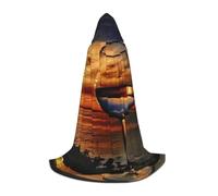 JEJEA Sunset Wine Glass Print Halloween Cosplay Christmas Party Outfits Hooded Wizard Robe Halloween Cloak Medieval Renaissance