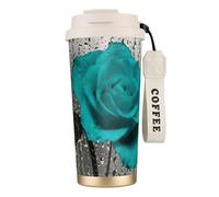 JEJEA Teal Gray Rose Flower Print Stainless Steel Insulated Mugs, Double Wall Coffee Cups, Coffee Travel Mug for Home Office