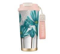 JEJEA Teal Grey and White Floral Print Stainless Steel Insulated Mugs, Double Wall Coffee Cups, Coffee Travel Mug for Home Office
