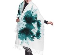 JEJEA Teal Lily Print Print Faux Cashmere Fringe Shawl - Warm Winter Scarf For Women, Soft Cozy Wrap For Cold Weather
