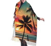 JEJEA Tropical Beach Palm Tree Print Print Faux Cashmere Fringe Shawl - Warm Winter Scarf For Women, Soft Cozy Wrap For Cold Weather