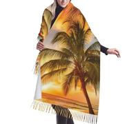 JEJEA Tropical Beach Palm Tree Sunset Print Print Faux Cashmere Fringe Shawl - Warm Winter Scarf For Women, Soft Cozy Wrap For Cold Weather