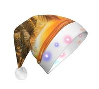 JEJEA Tropical Beach Palm Tree Sunset Print Santa Hat Adult Led, Christmas Hat With Lights For Women And Men New Year Party Supplies