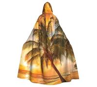 JEJEA Tropical Beach Palm Tree Sunset Print Witch Wizard Hooded Cloak, Adult Halloween Party Cape, For Witch Vampire Cosplay Costume