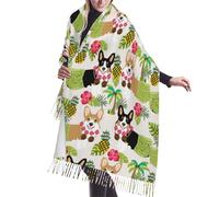 JEJEA Tropical Flower And Corgi Print Print Faux Cashmere Fringe Shawl - Warm Winter Scarf For Women, Soft Cozy Wrap For Cold Weather