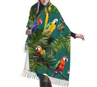 JEJEA Tropical Plants And Parrots Print Print Faux Cashmere Fringe Shawl - Warm Winter Scarf For Women, Soft Cozy Wrap For Cold Weather