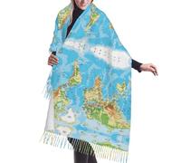 JEJEA World Map Print Print Faux Cashmere Fringe Shawl - Warm Winter Scarf For Women, Soft Cozy Wrap For Cold Weather