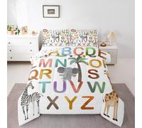 jejeloiu ABC Kids Comforter Set Twin Size Animal Alphabet Theme Bedding Set Cartoon Elephant Zebra Giraffe Duvet Quilt for Kids Boys Girls Bedroom Decor Microfiber Ultra Soft Breathable
