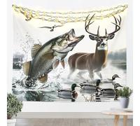 jejeloiu Boys Girls Deer Pike Fish Wall Hanging Blanket Bass Big Fish Wall Art Fishing and Hunting Tapestry Kids Teens Bedroom Decor Small 51"x59"