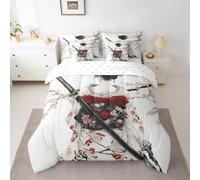jejeloiu Boys Girls Japan Style Bed in a Bag 7 Pieces Queen Size, Japanese Geisha Comforter Set with Sheets Cherry Blossoms Bed in a Set Kids Teens Bedroom Decor 7Pcs