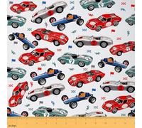 jejeloiu Boys Race Car Fabric by The Yard Cartoon Race Trucks Upholstery Fabric for Chairs White Red Blue for Home DIY Projects Indoor Outdoor Decor Lightning Flag Decorative Waterproof 1 Yard