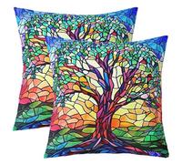 jejeloiu Colorful Tree Throw Pillow Covers 22"x22" Set of 2 Soft Boys Kids Tree Branches Pattern Throw Pillowcases 5D Stained Glass Tree of Life Pillow Cases Cushion Covers Leaf Cushion Cases