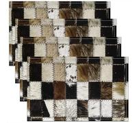 jejeloiu Cow Fur Placemats Set of 4, Geometric Plaid Grid Cowhide Place Mats 12x18 Inch for Dining Table Decorations, Western Farm Animal Skin White Grey Table Mats for Kitchen Decor Dinner Indoor