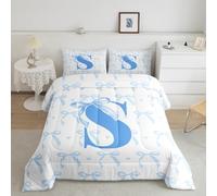 jejeloiu Cute Blue Bow Kids Bedding Set Twin Size,Boys Girls Monogrammed Comforter Set,Initial Letter S Ultra Soft Duvet Quilt,Cute Coquette Bow Knot Personalized Letter S Bedroom Decor